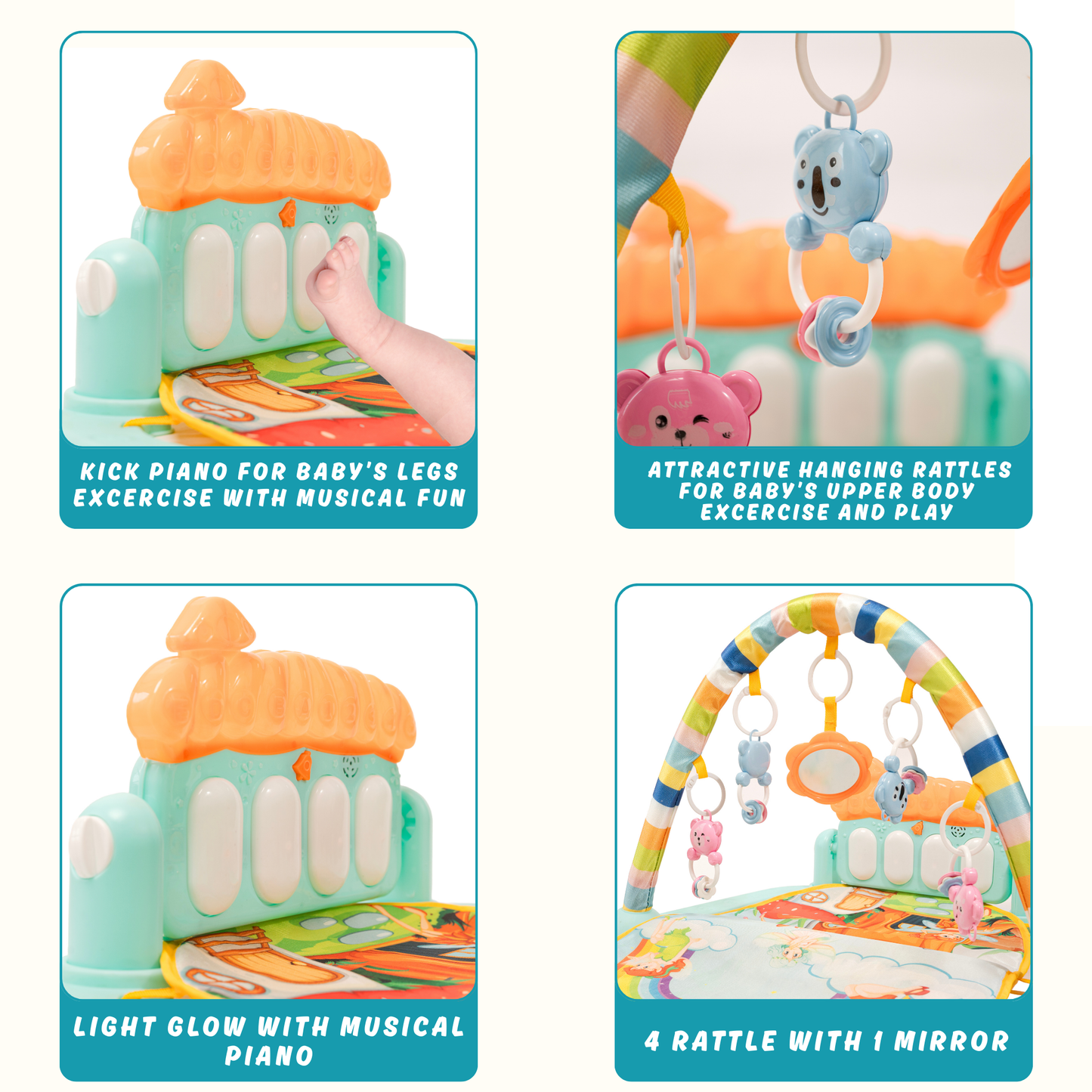 Play gym toy details: kick piano with lights, hanging animal rattles, and baby-safe mirror for sensory engagement