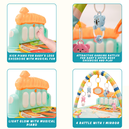 Play gym toy details: kick piano with lights, hanging animal rattles, and baby-safe mirror for sensory engagement