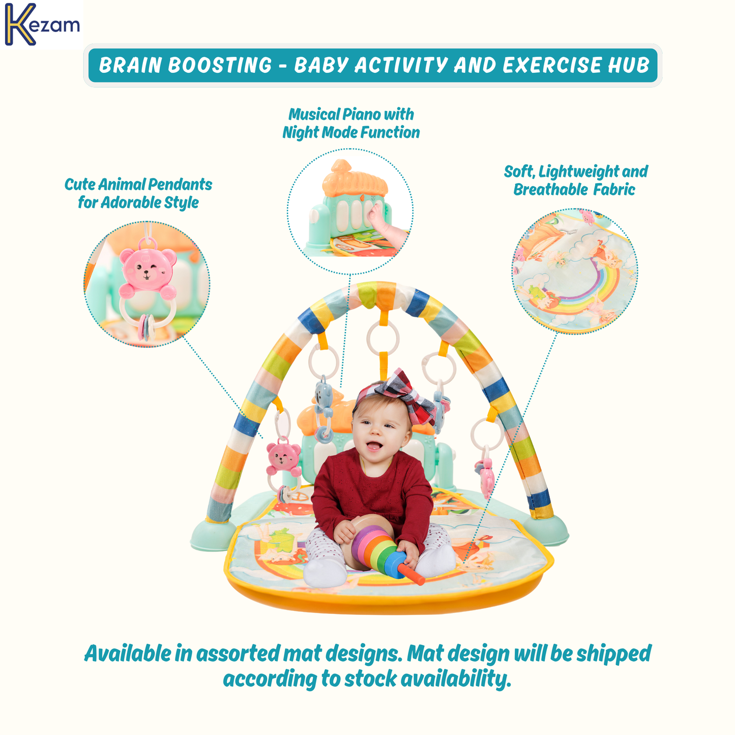 Play gym features including musical piano, animal pendants, soft fabric, and developmental benefits for baby brain and body growth