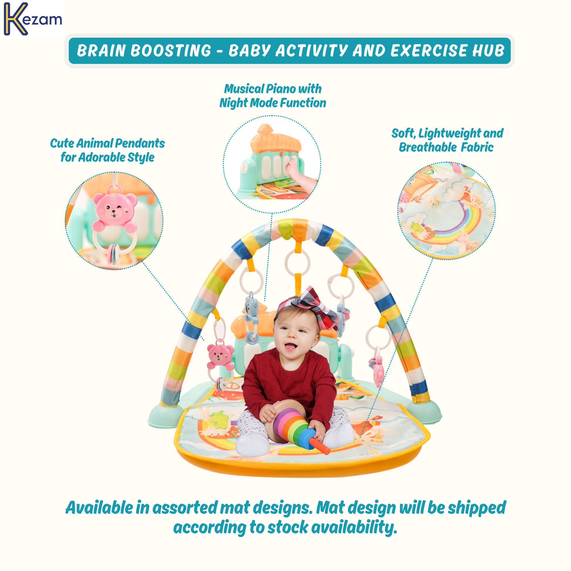 Play gym features including musical piano, animal pendants, soft fabric, and developmental benefits for baby brain and body growth