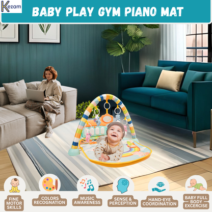 Baby on play gym in home living room displaying developmental learning benefits: motor skills, music, colors, coordination