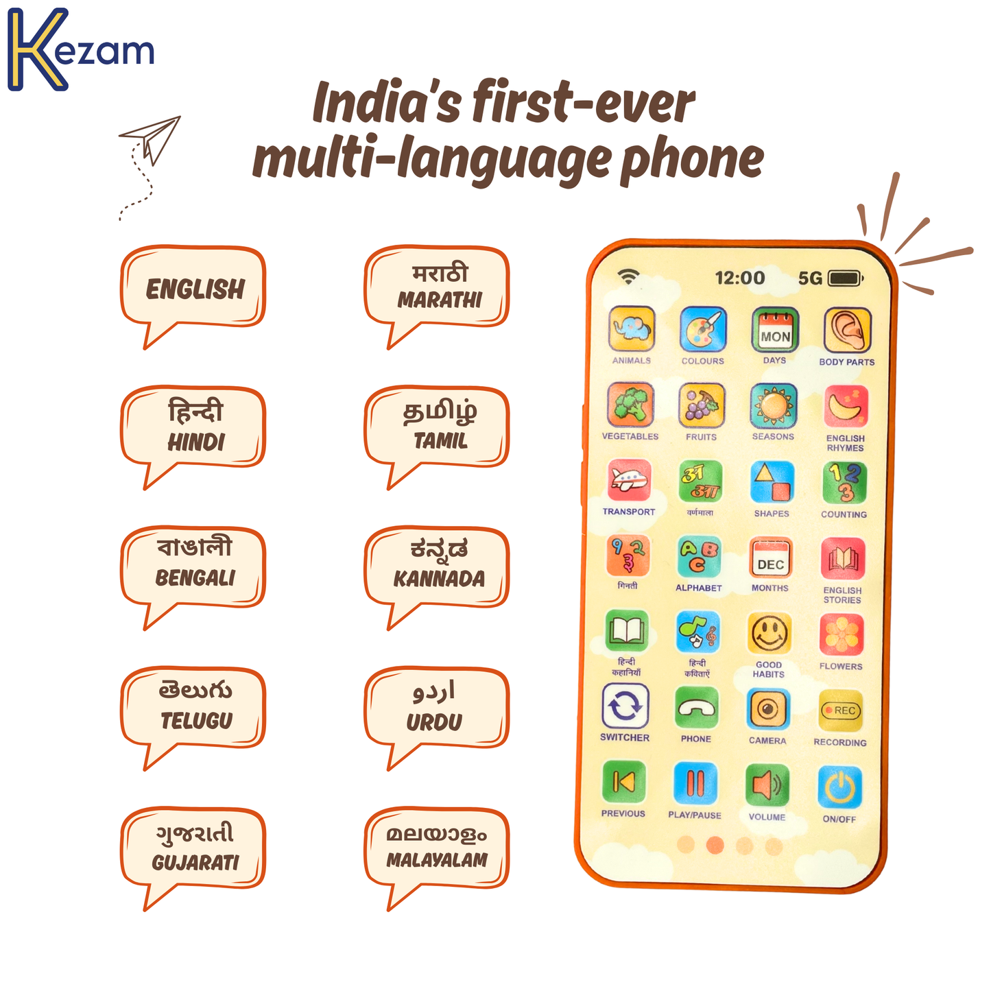 Multilingual toy phone with educational app icons, supporting English and 9 Indian languages