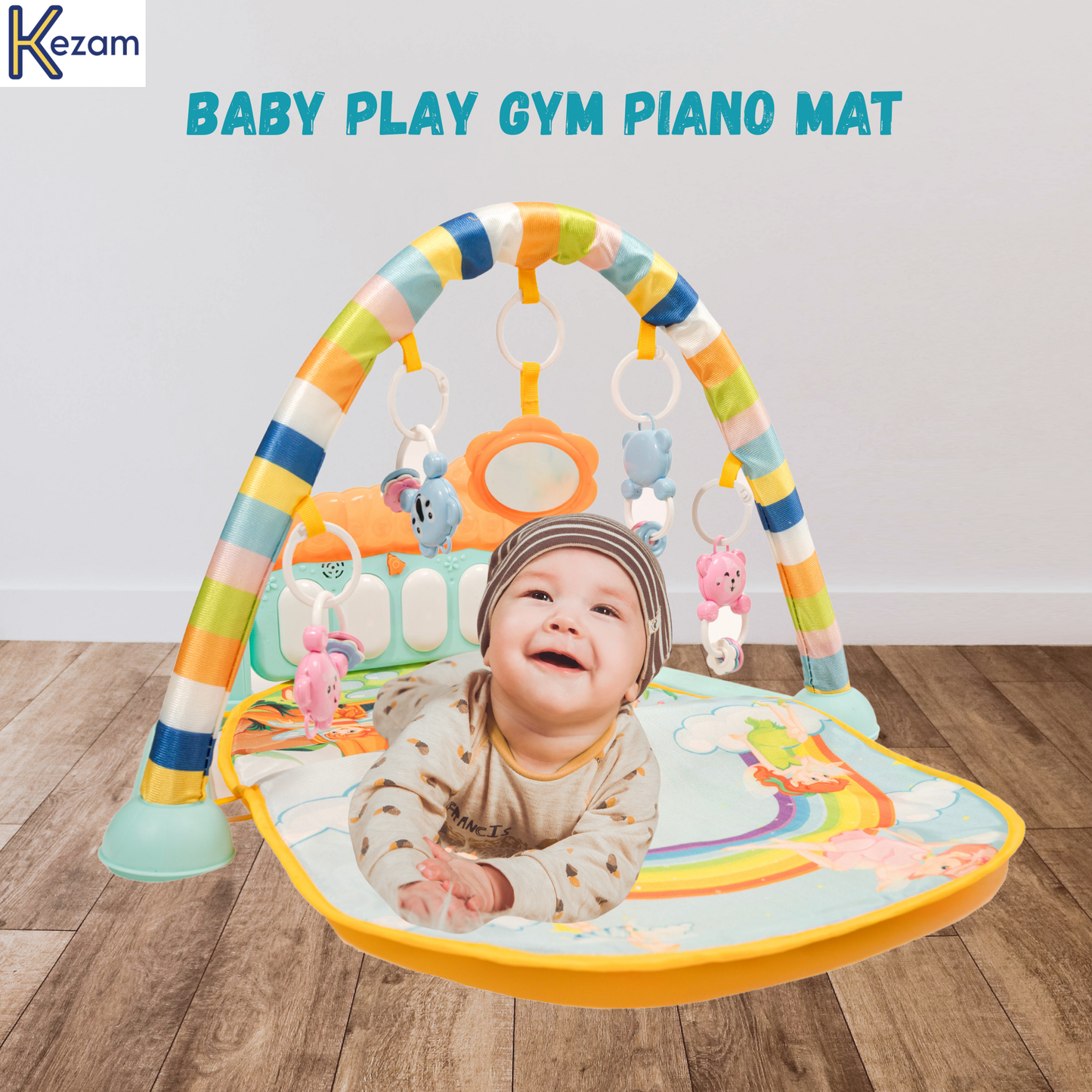 Musical play gym featuring colorful arch, detachable hanging toys, and piano keyboard mat for infant development