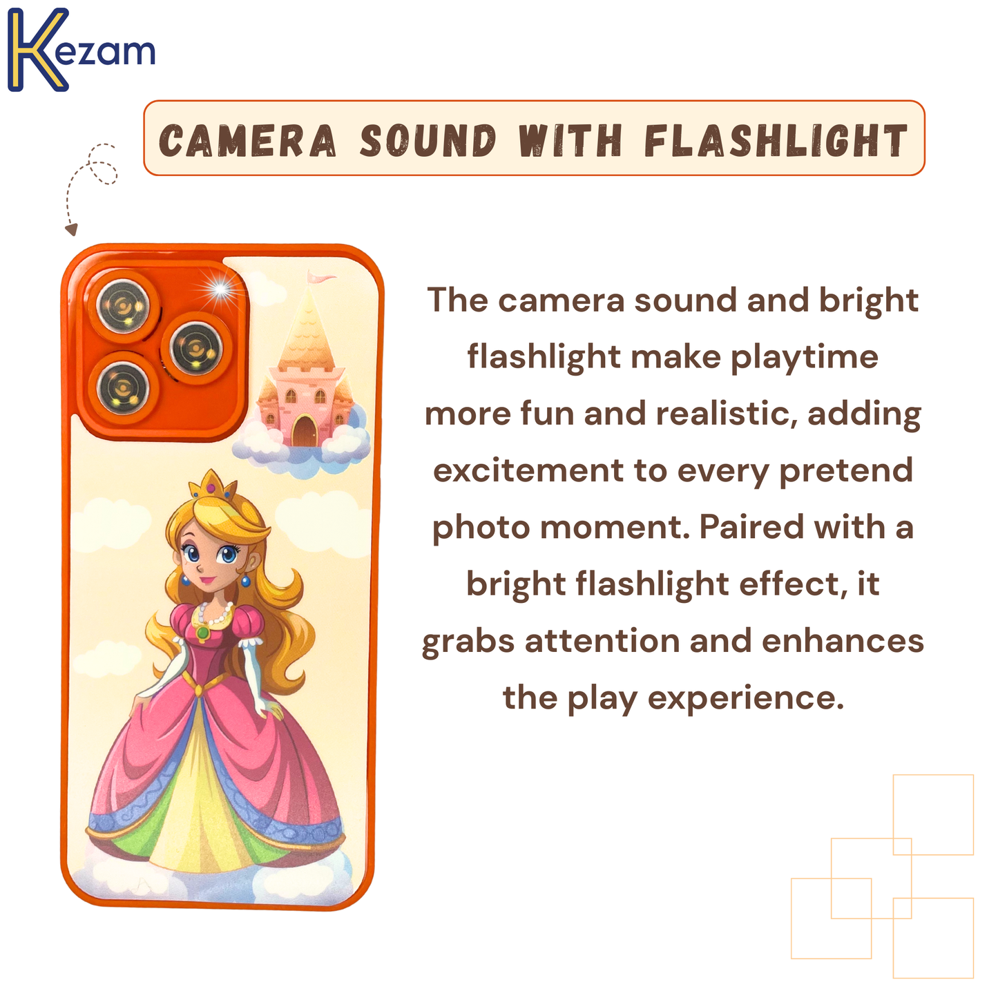 Toy phone camera and flashlight feature with princess design for interactive, realistic playtime