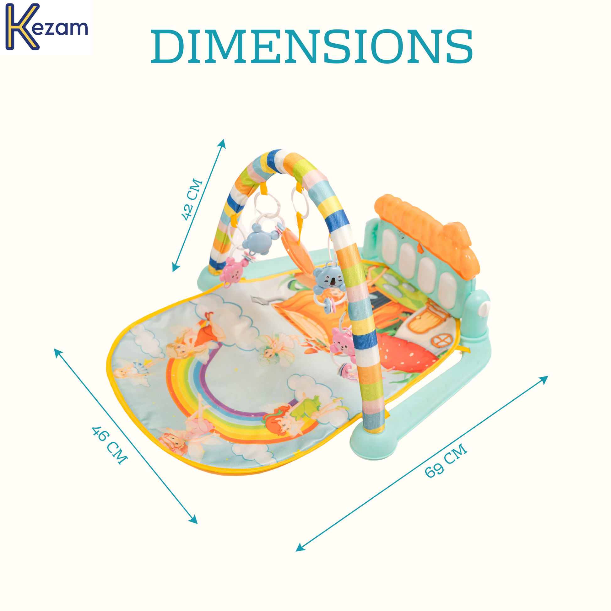 Play gym product dimensions diagram showing height, width, and length measurements for space planning