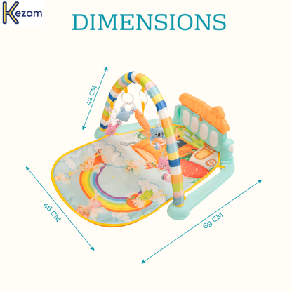 Play gym product dimensions diagram showing height, width, and length measurements for space planning