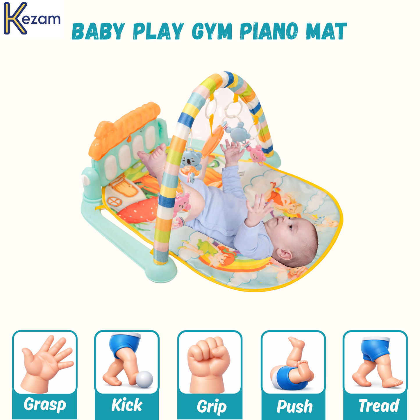 Play gym with five developmental movements: grasp, kick, grip, push, tread for baby motor skill and strength building