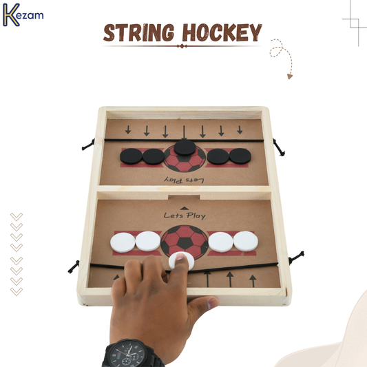 Two-player string hockey tabletop game showing wooden board, pucks, and elastic strings for fast-paced competitive play