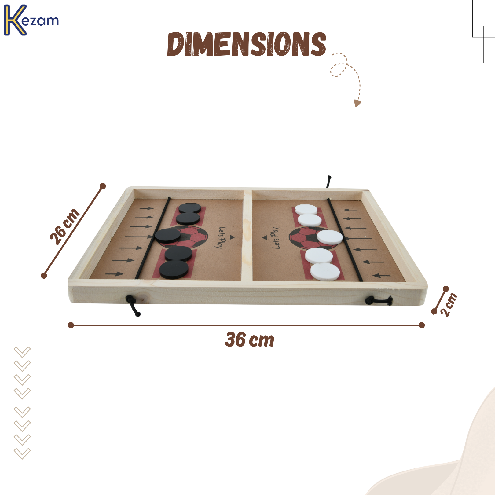 String hockey board specifications showing compact 36 cm length perfect for portable tabletop and travel play