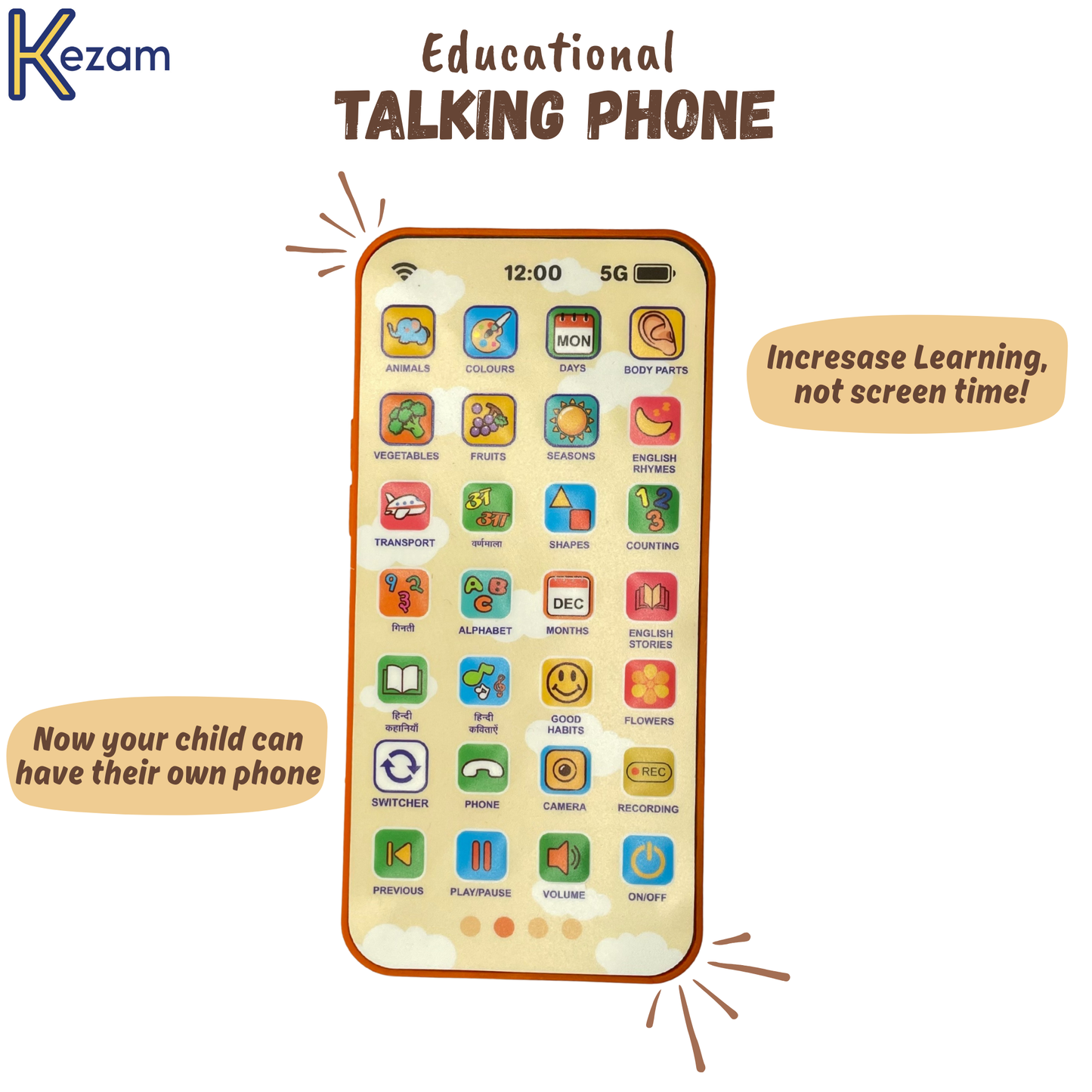 Educational toy phone with 36 app icons, promoting screen-free learning and personal phone experience for children