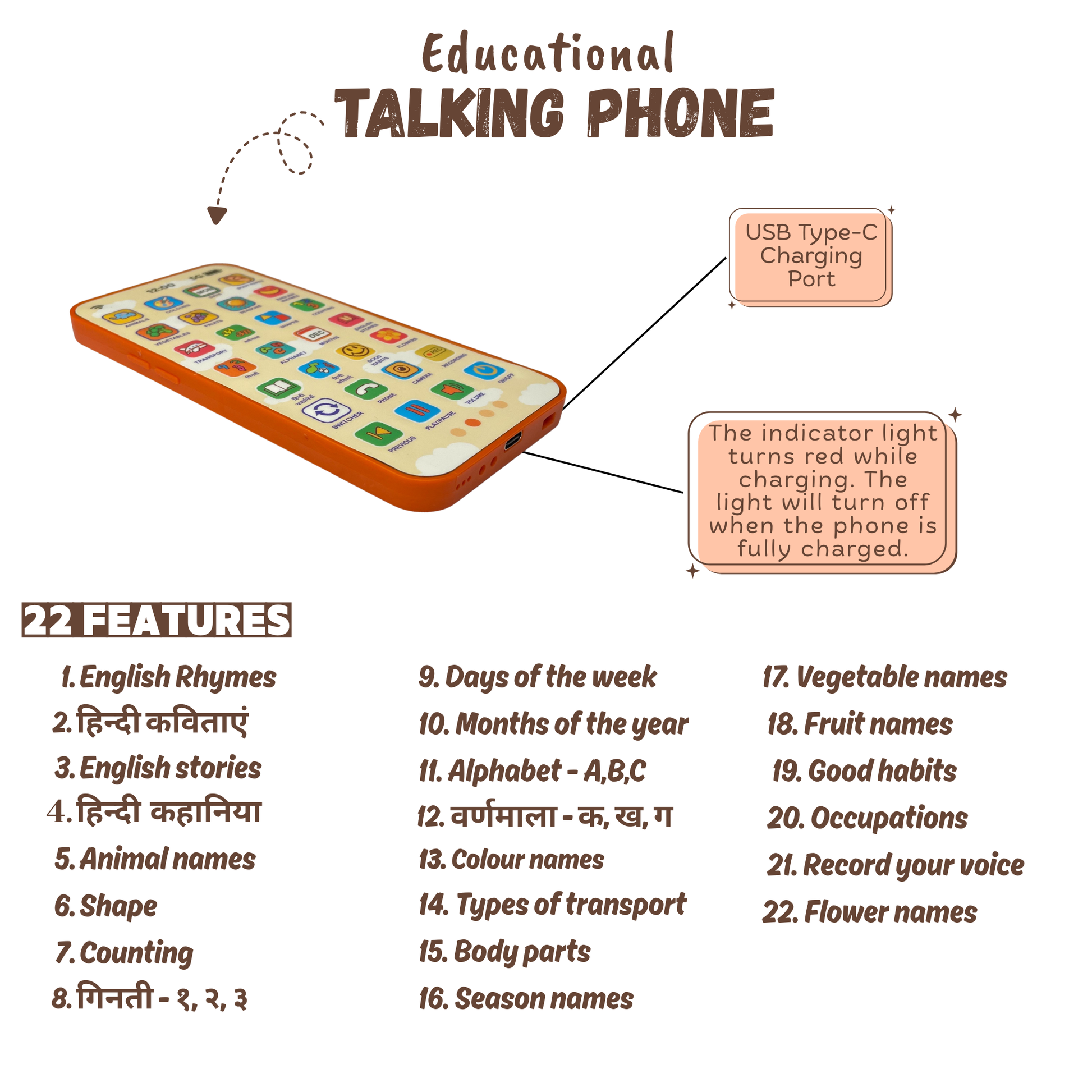 Phone with USB-C charging and 22 educational learning topics covering rhymes, alphabet, shapes, and bilingual content