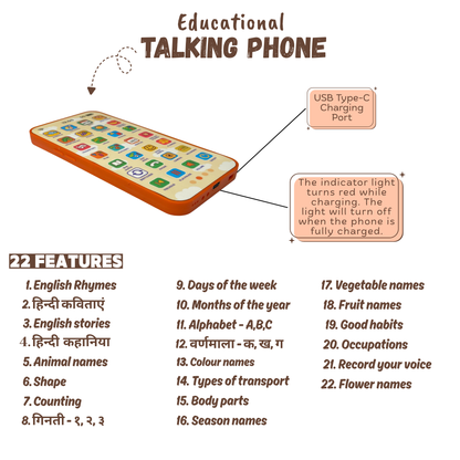 Phone with USB-C charging and 22 educational learning topics covering rhymes, alphabet, shapes, and bilingual content