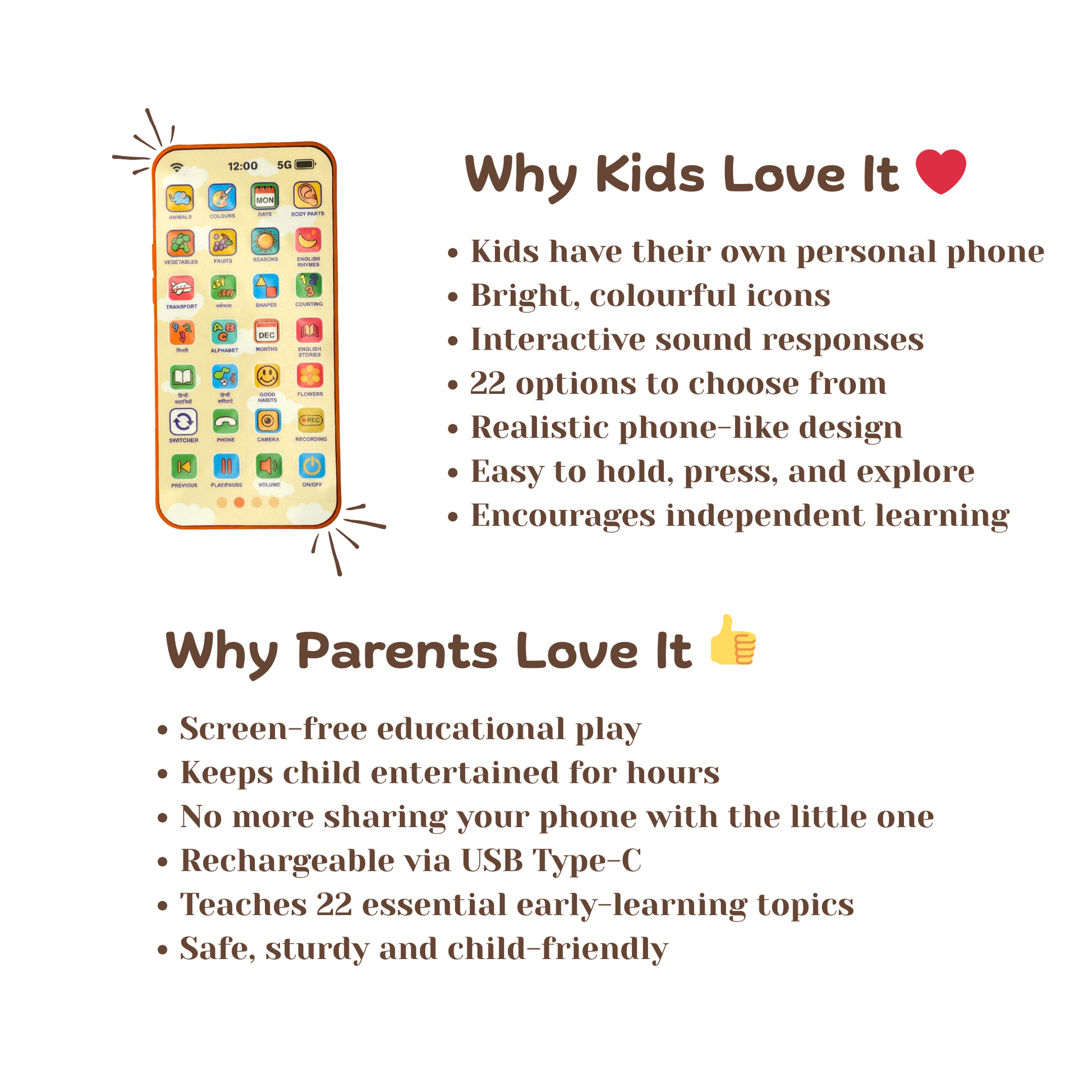 Toy phone with 22 app options, screen-free learning, USB rechargeable, and child-friendly design benefits