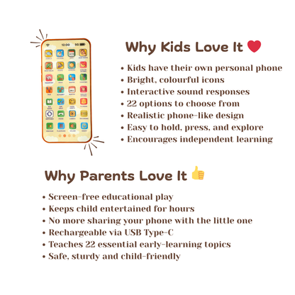 Toy phone with 22 app options, screen-free learning, USB rechargeable, and child-friendly design benefits