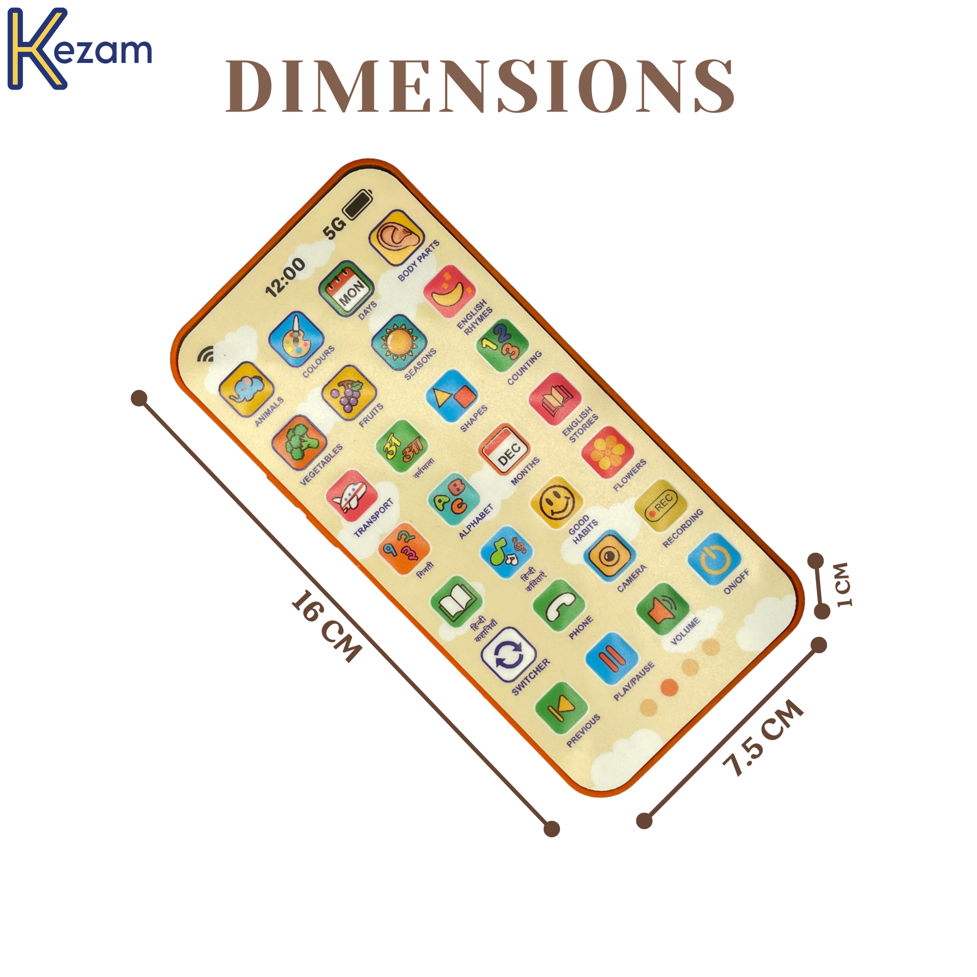 Toy phone dimensions showing 16 cm width, 7.5 cm depth with colorful app icons for easy reference