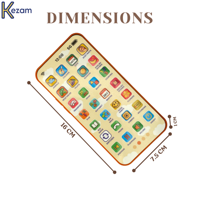Toy phone dimensions showing 16 cm width, 7.5 cm depth with colorful app icons for easy reference